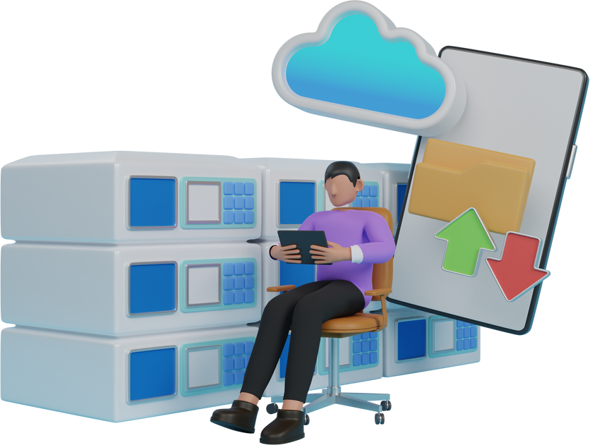 Cloud computing technology. Cloud storage download. Digital service or app with data transfering. Online computing technology. 3d servers and datacenter connection network